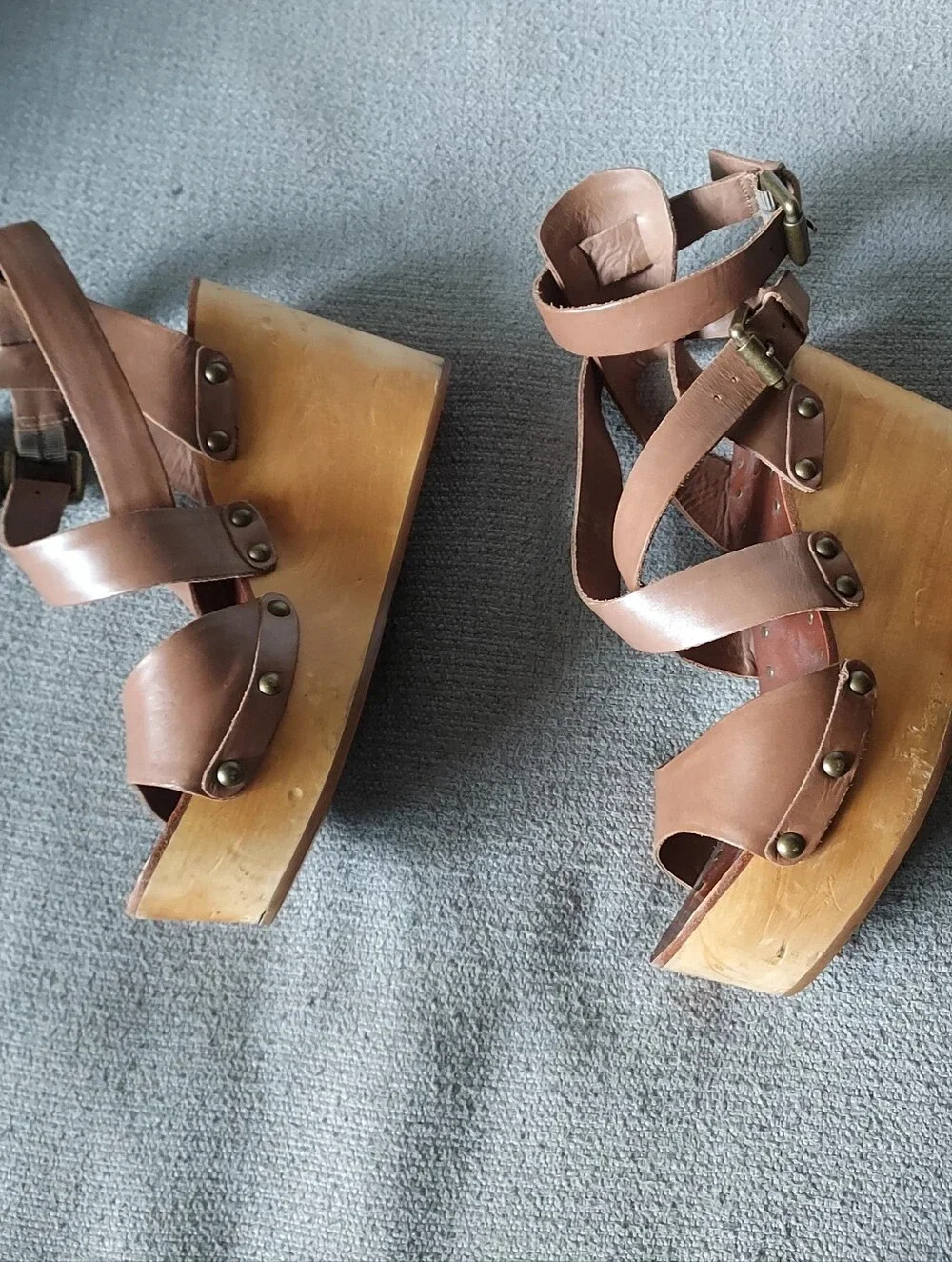 ASH Brown Leather Wooded Platform Wedge Sandals Sz 39/8.5-9
